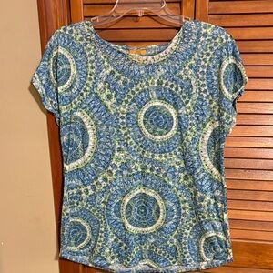 Ruby Rd. Blue and Green Mandala Short Sleeve Top, split cap sleeves